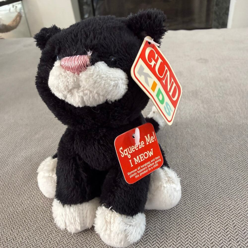 GUND Kids Black White Cat Plush 5" Squeeze Me I Meow Sound Toy Working Tags